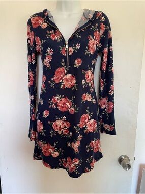 Women's Navy Floral Half-Zip Long Sleeve Dress